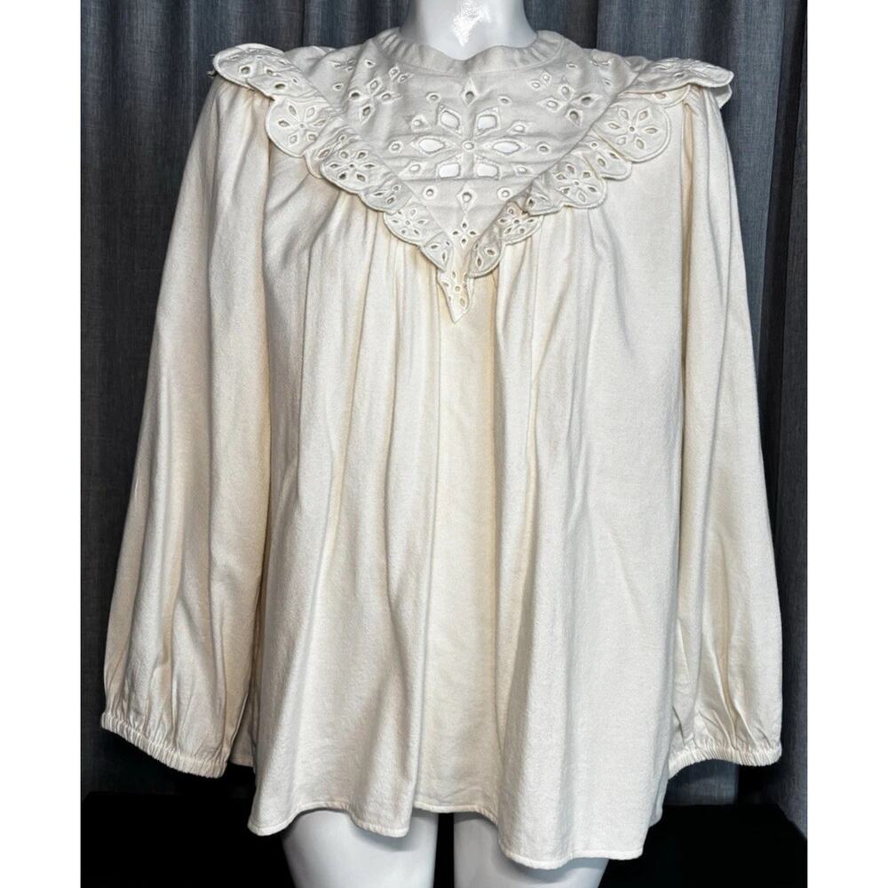 Madewell Embroidered Eyelet Ruffle Flannel Back Button Prairie Top Tunic X-LARGE - Picture 4 of 16